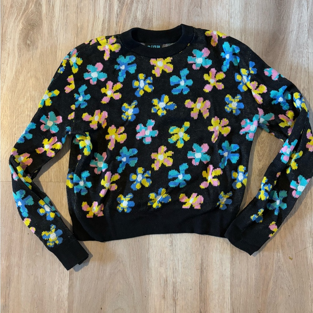 A-Lab Maxie Daisy Black Crewneck Sweatshirt Medium Knit Colorful Floral Stretch